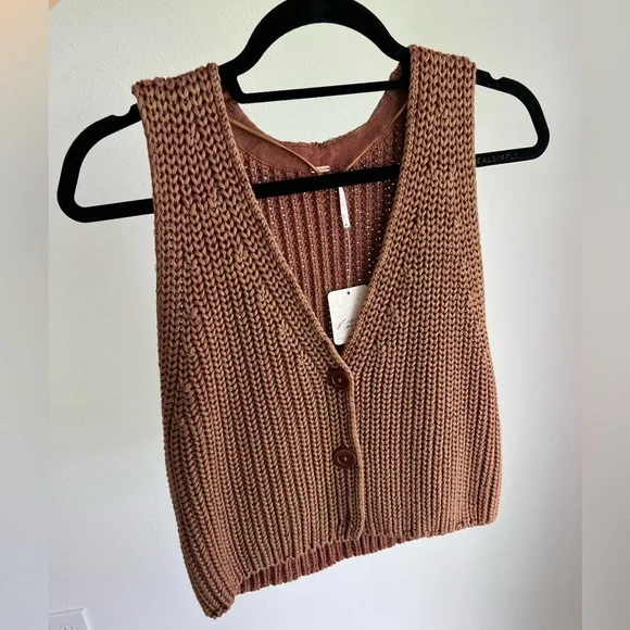 Free People- Brown Knit Button-Up Vest - Picture 5 of 11